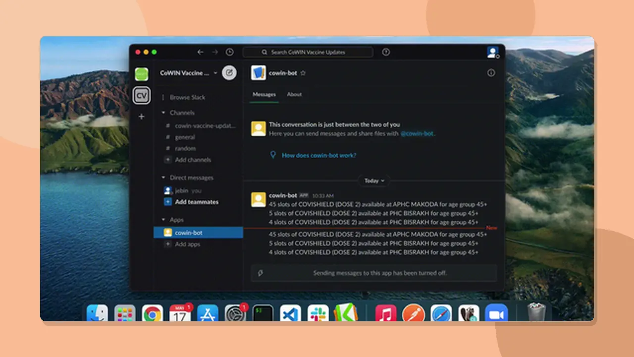 CoWIN Slack bot sending vaccine slot alerts in a Slack channel